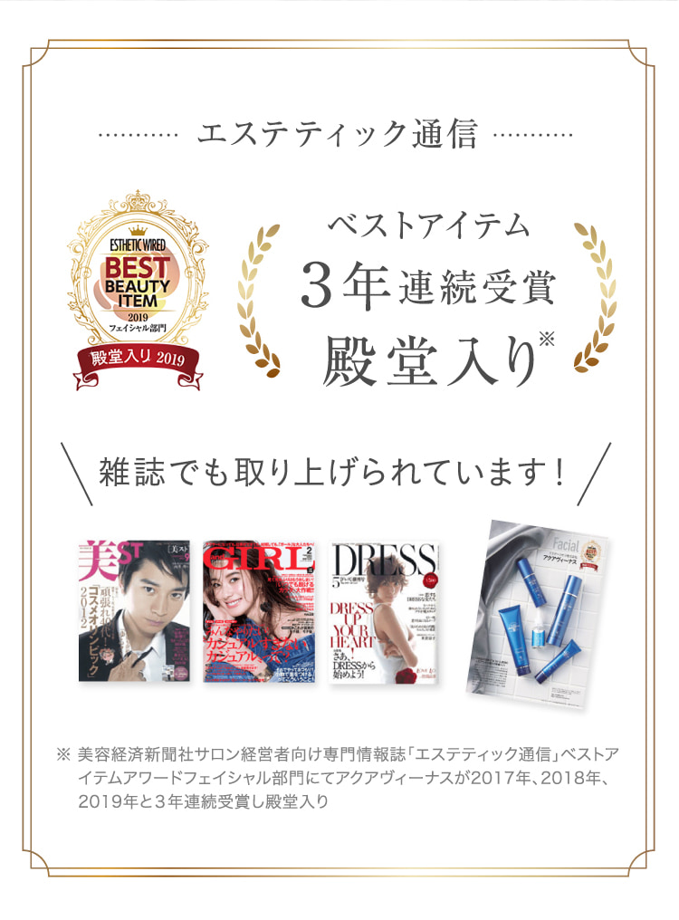 エステティック通信 ESTHETCWIRED BESTITEM 2019フェイシャル部門殿堂入り2019 ベストアイテム3年連続受賞殿堂入り 雑誌でも取り上げられています! ※ 美容経済新聞社サロン経営者向け専門情報誌「エステティック通信」ベストアイテムアワードフェイシャル部門にてアクアヴィーナスが2017年、2018年、2019年と3年連続受賞し殿堂入り