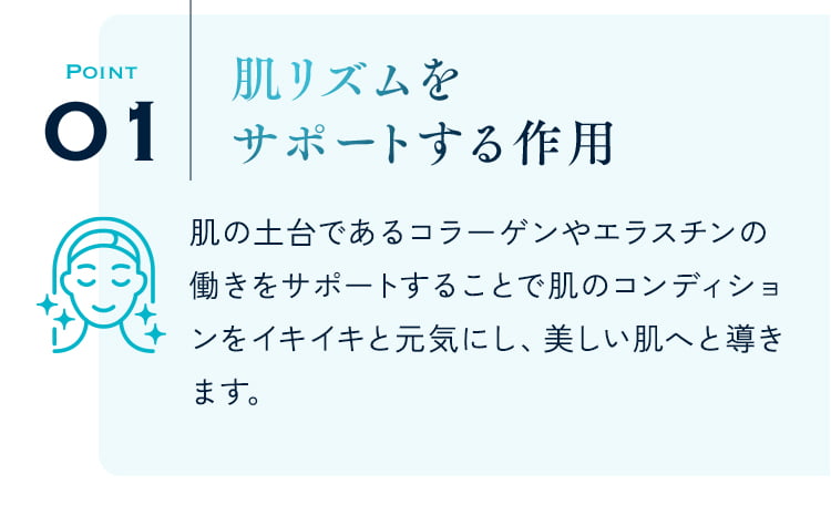 POINT01 肌リズムをサポートする作用 肌の土台であるコラーゲンやエラスチンの働きをサポートすることで肌のコンディションをイキイキと元気にし、美しい肌へと導きます。