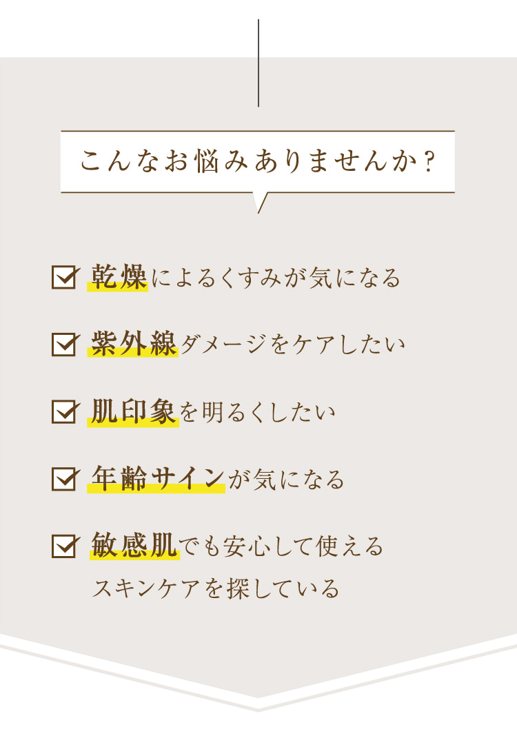 こんなお悩みありませんか?  乾燥によるくすみが気になる 紫外線ダメージをケアしたい 肌印象を明るくしたい 年齢サインが気になる 敏感肌でも安心して使えるスキンケアを探している