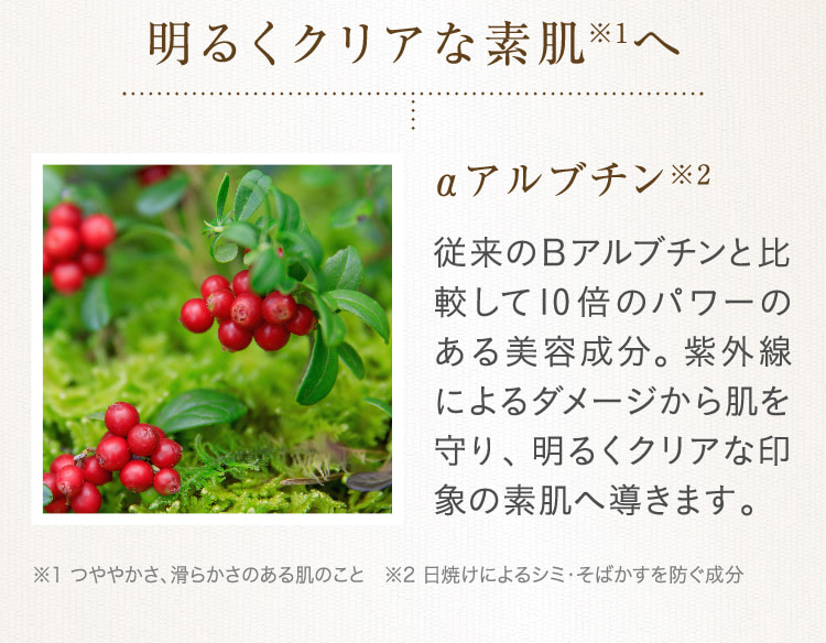 明るくクリアな素肌※1へ αアルブチン※2 従来のβアルブチンと比較して10倍のパワーのある美容成分。紫外線によるダメージから肌を守り、明るくクリアな印象の素肌へ導きます。 ※1 つややかさ、滑らかさのある肌のこと　※2 日焼けによるシミ・そばかすを防ぐ成分