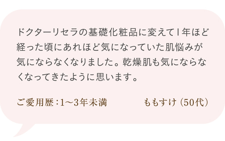 ドクターリセラの基礎化粧品に変えて1年ほど経った頃にあれほど気になっていた肌悩みが気にならなくなりました。乾燥肌も気にならなくなってきたように思います。 ご愛用歴:1・年未満 ももすけ(50代)